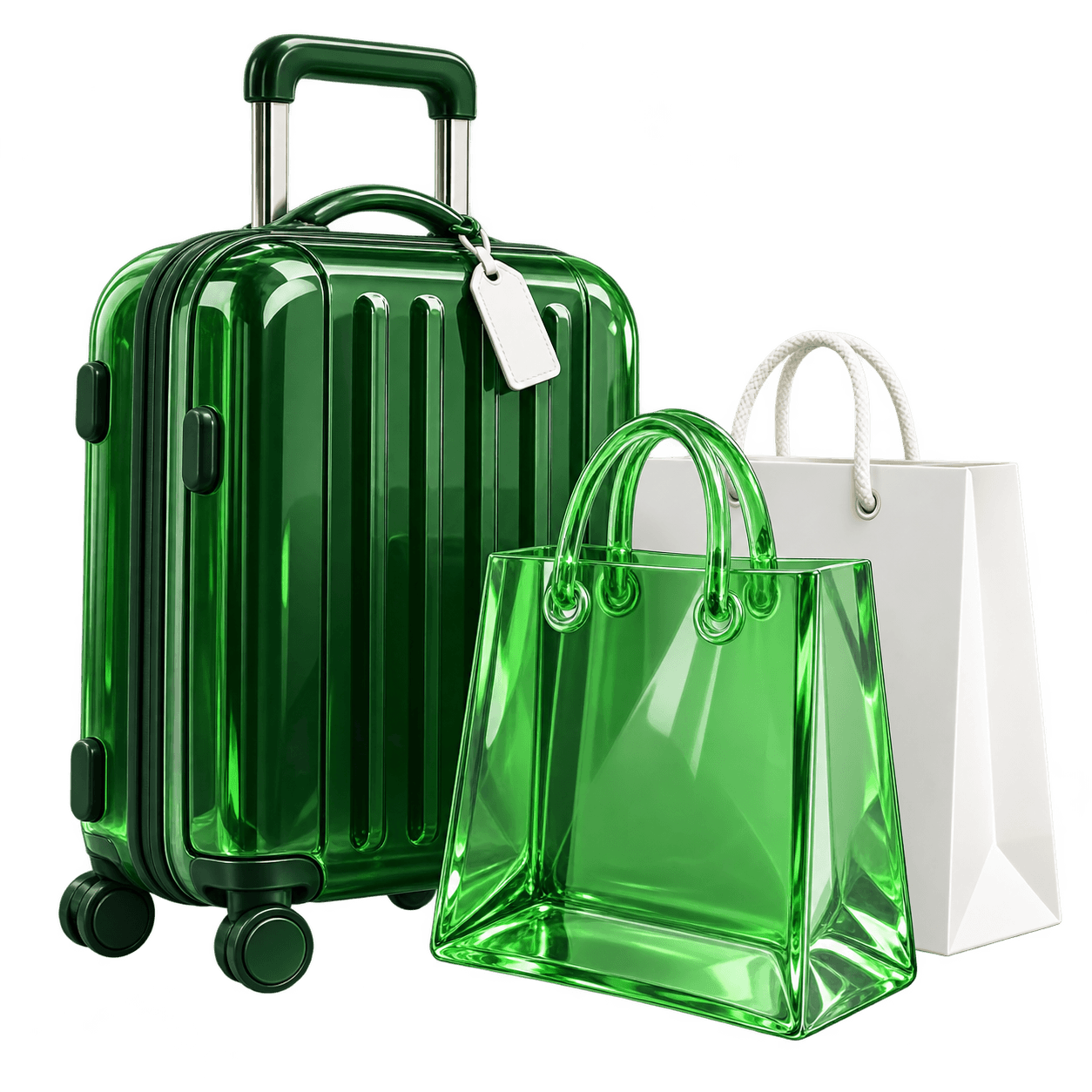 Mala de viagem e sacolas de compras em verde e branco