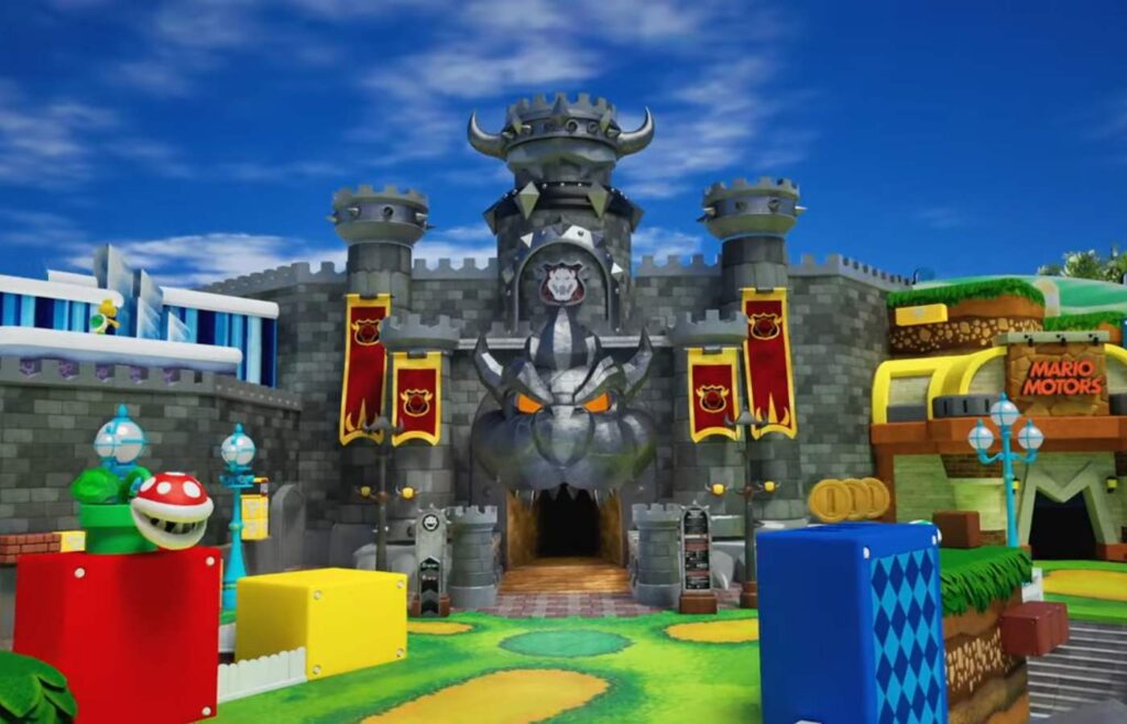Área do Super Nintendo World com castelo do Bowser e elementos do mundo do Mario na Universal.