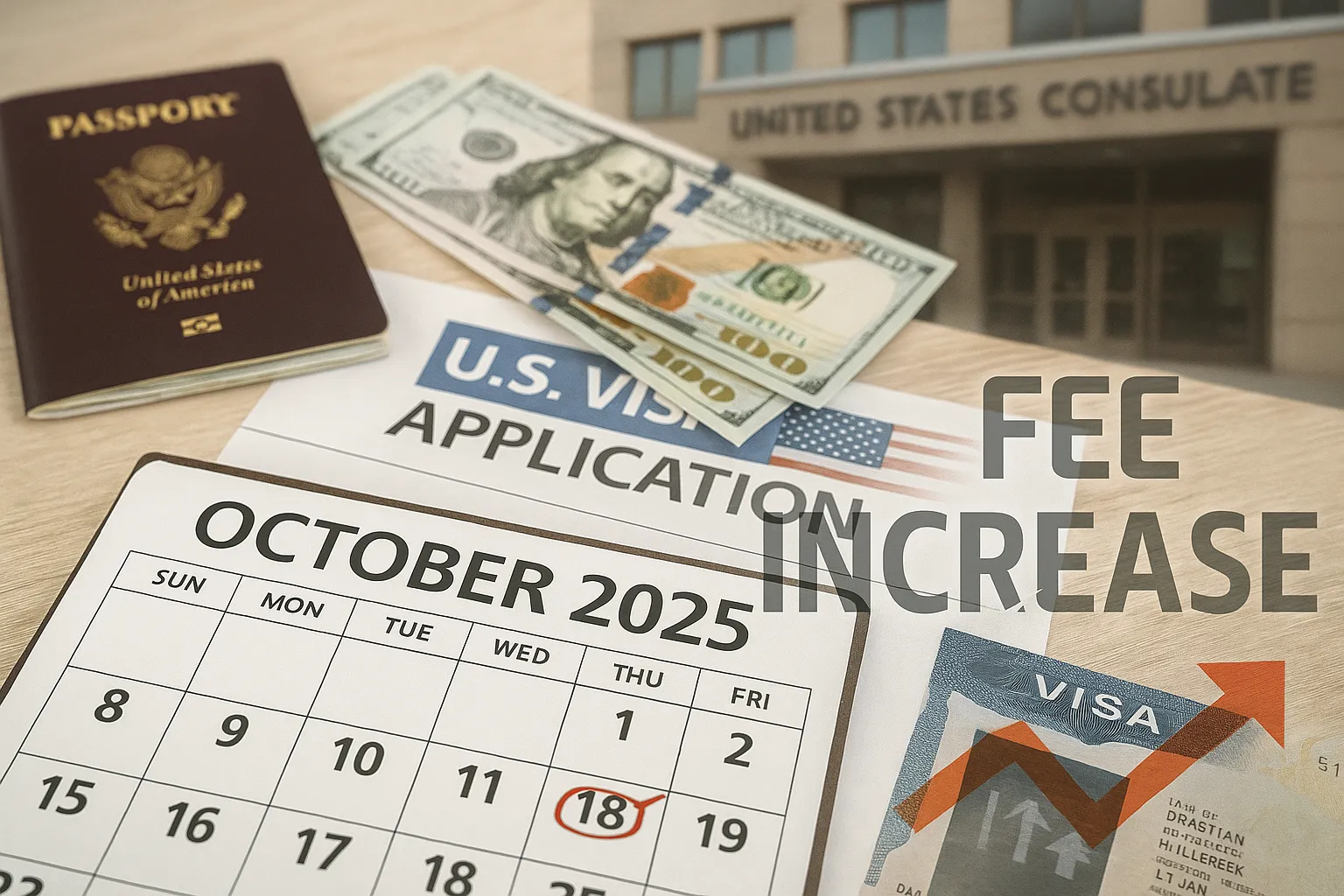 Calendário marcando outubro de 2025 com selo de visto americano e símbolo de aumento de taxa.